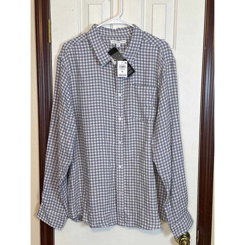 And Now This Mens Blue Mini Check Button Down Long Sleeve Shirt‎ XL